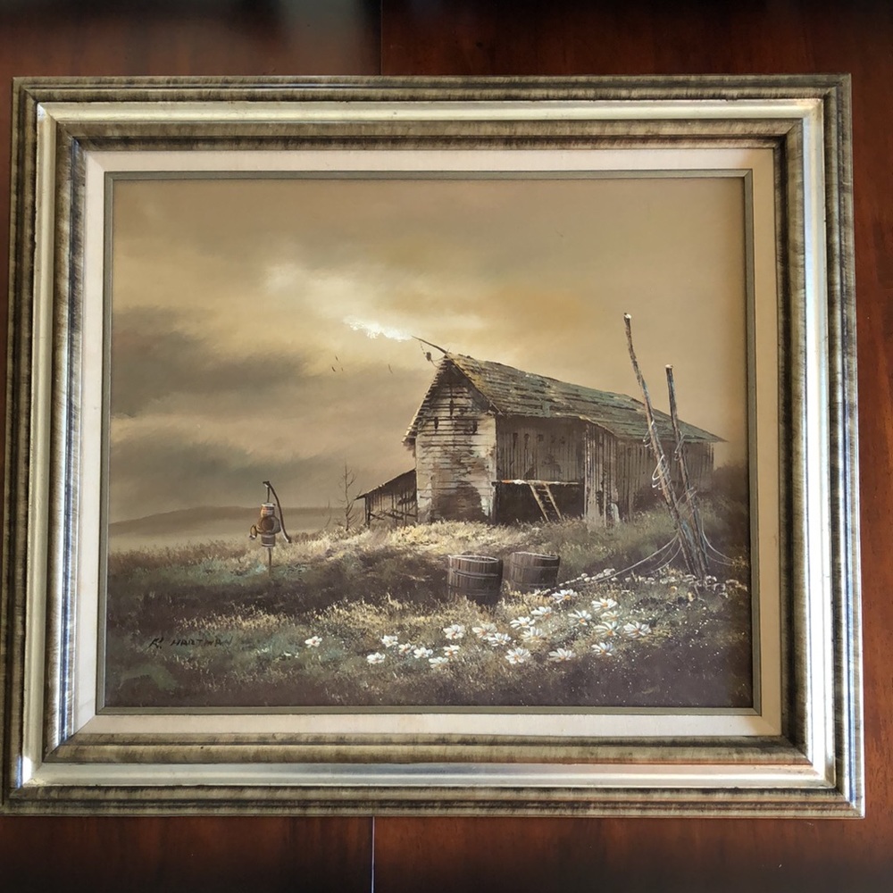 Vintage Oil Painting Landscape Old Barn R Hartman